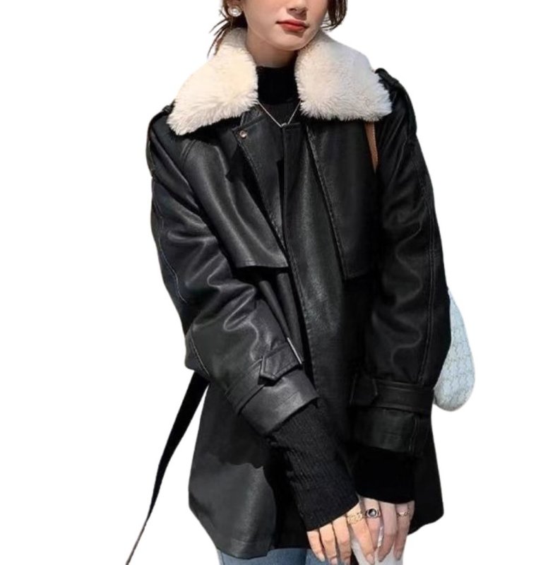 画像2: Mid-length leather coat/jacket with fur collar　レザーファーカラーミディアム丈コートジャケット (2)