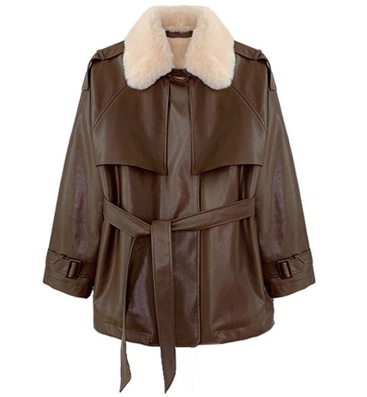 画像1: Mid-length leather coat/jacket with fur collar　レザーファーカラーミディアム丈コートジャケット (1)
