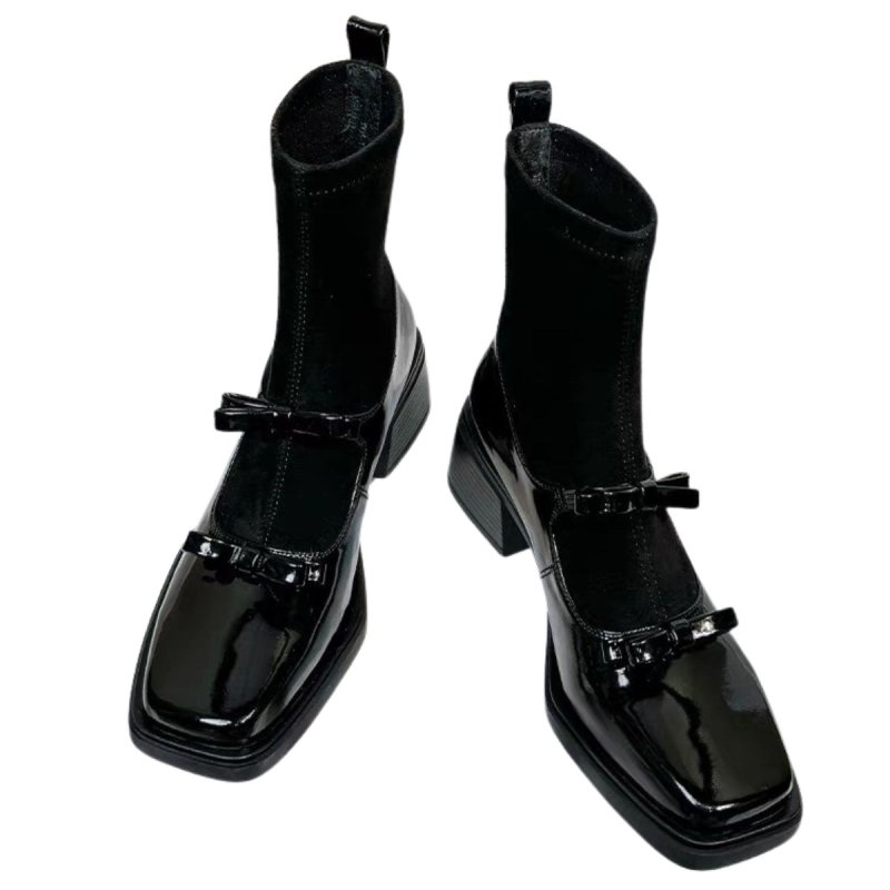 画像2: Leather Bow Loafer Ankle Boots　レザーボウローファーソックスショートブーツ (2)
