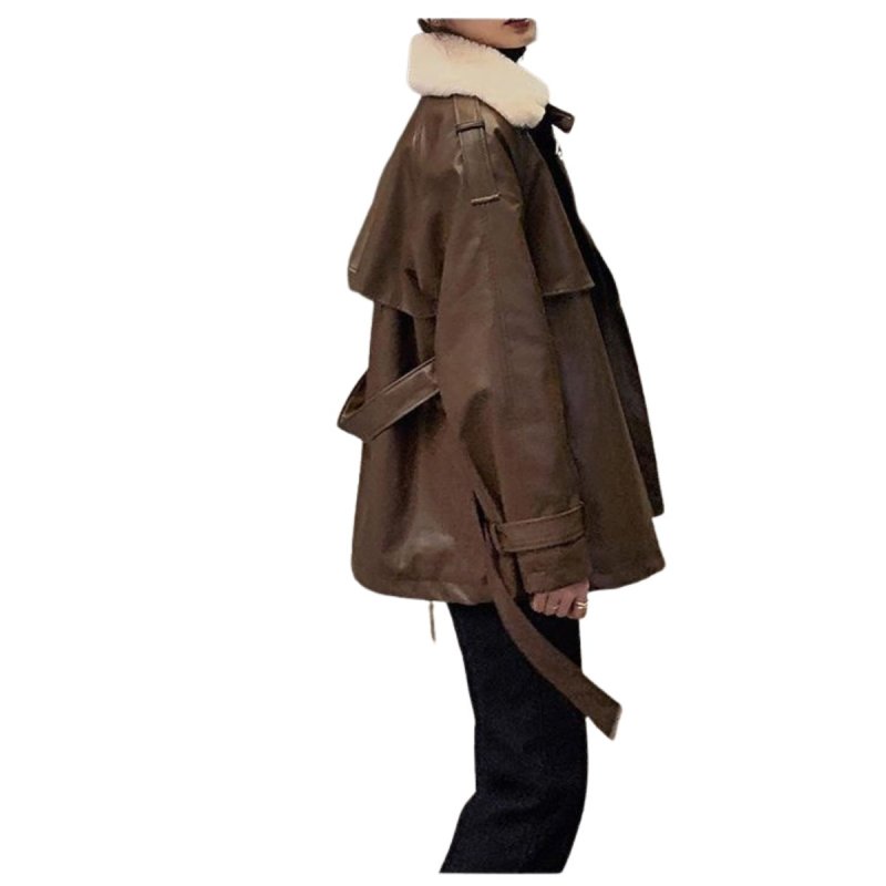 画像4: Mid-length leather coat/jacket with fur collar　レザーファーカラーミディアム丈コートジャケット (4)