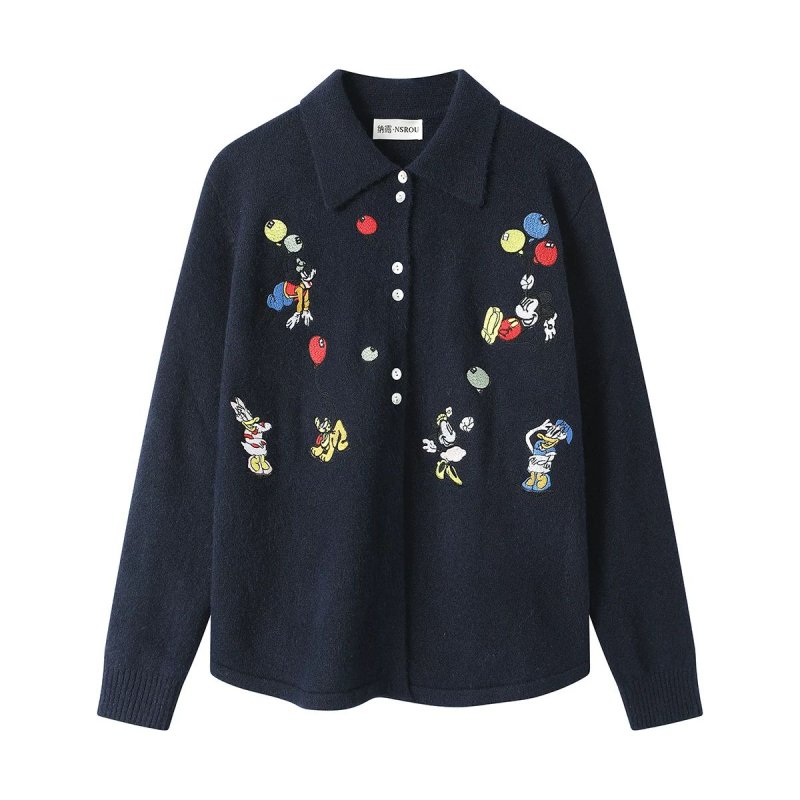 画像2: Mickey Mouse & Minnie mouse Embroidery Polo Shirts Cardigan Sweater ミッキーマウス ＆ ミニーマウス 刺繍 ポロシャツカーディガン  ニットセーター (2)