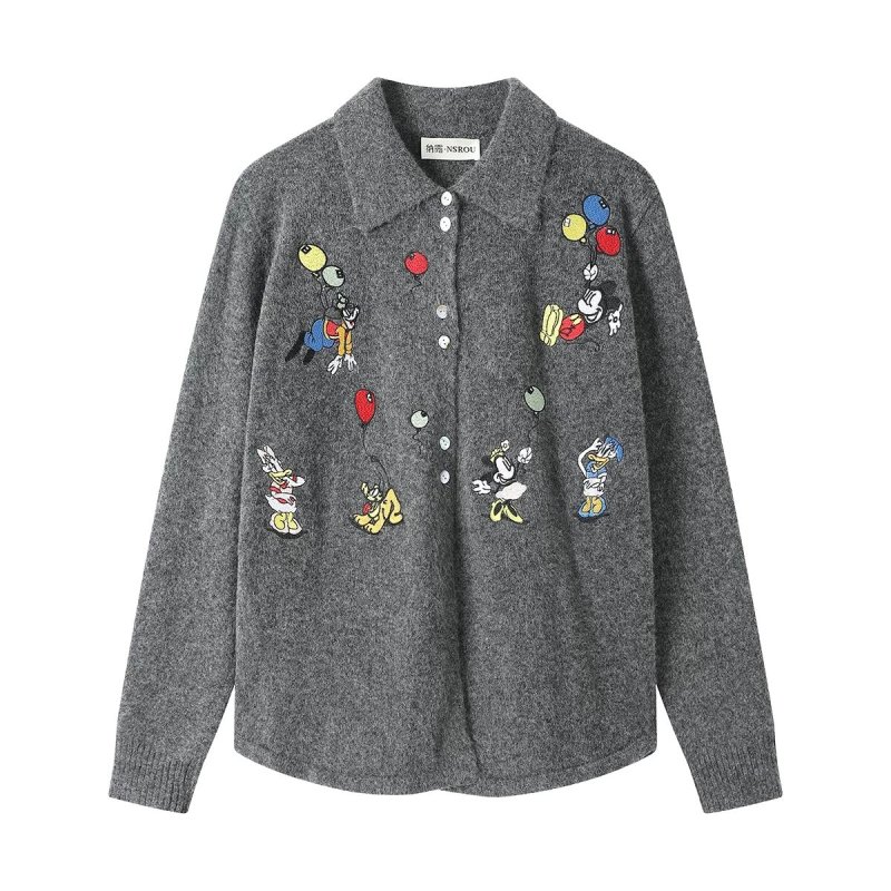 画像3: Mickey Mouse & Minnie mouse Embroidery Polo Shirts Cardigan Sweater ミッキーマウス ＆ ミニーマウス 刺繍 ポロシャツカーディガン  ニットセーター (3)