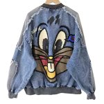 画像1: Bugs Bunny SBE YOU Remake Denim Zip Up Jacket baseball uniform jacket blouson ユニセックス 男女兼用 バックスバニー リメイク デニム & スウェット ジップアップジャケット スタジアムジャンパー スタジャン ブルゾン (1)
