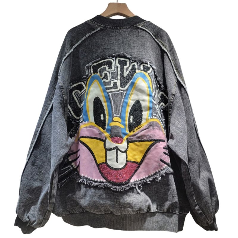 画像3: Bugs Bunny Remake Denim Zip Up Jacket baseball uniform jacket blouson ユニセックス 男女兼用 バックスバニー リメイク デニム & スウェット ジップアップジャケット スタジアムジャンパー スタジャン ブルゾン (3)