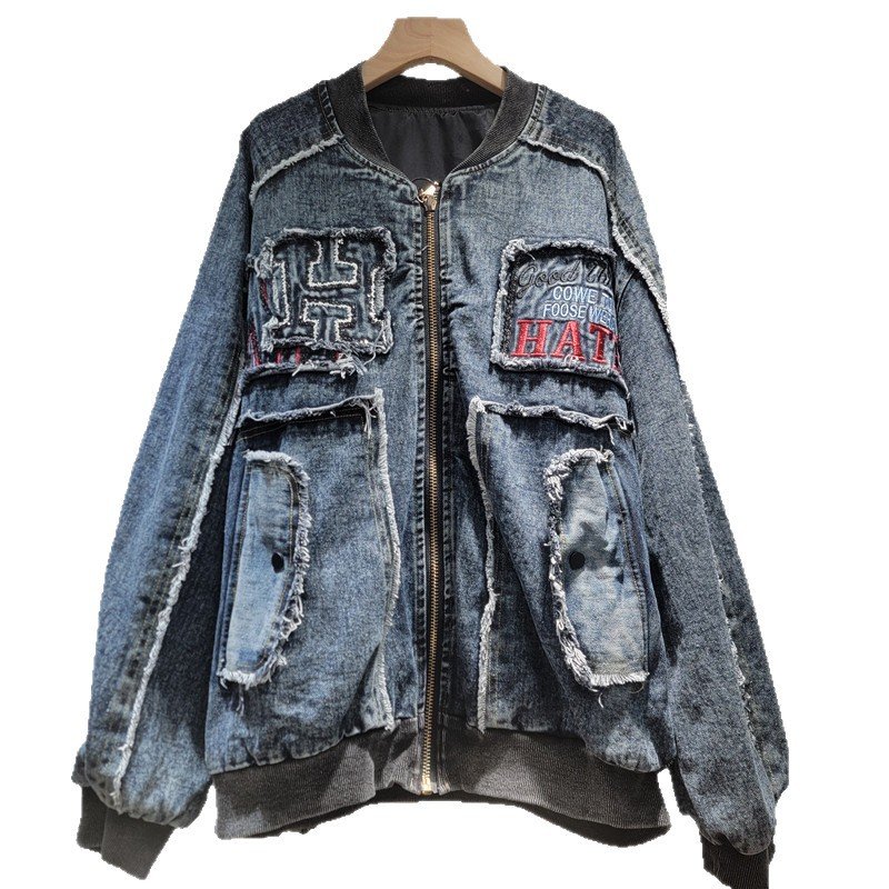 画像5: Bugs Bunny Remake Denim Zip Up Jacket baseball uniform jacket blouson ユニセックス 男女兼用 バックスバニー リメイク デニム & スウェット ジップアップジャケット スタジアムジャンパー スタジャン ブルゾン (5)