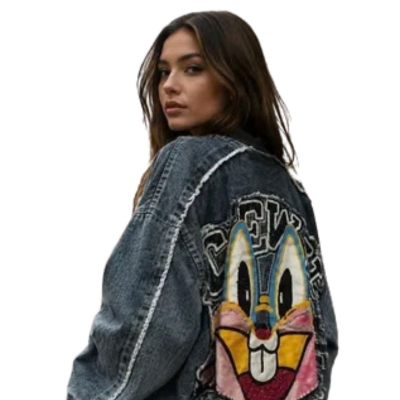 画像1: Bugs Bunny Remake Denim Zip Up Jacket baseball uniform jacket blouson ユニセックス 男女兼用 バックスバニー リメイク デニム & スウェット ジップアップジャケット スタジアムジャンパー スタジャン ブルゾン (1)