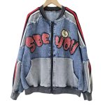 画像2: Bugs Bunny SBE YOU Remake Denim Zip Up Jacket baseball uniform jacket blouson ユニセックス 男女兼用 バックスバニー リメイク デニム & スウェット ジップアップジャケット スタジアムジャンパー スタジャン ブルゾン (2)