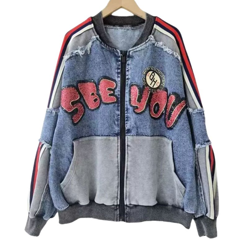 画像2: Bugs Bunny SBE YOU Remake Denim Zip Up Jacket baseball uniform jacket blouson ユニセックス 男女兼用 バックスバニー リメイク デニム & スウェット ジップアップジャケット スタジアムジャンパー スタジャン ブルゾン (2)