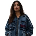画像2: Bugs Bunny Remake Denim Zip Up Jacket baseball uniform jacket blouson ユニセックス 男女兼用 バックスバニー リメイク デニム & スウェット ジップアップジャケット スタジアムジャンパー スタジャン ブルゾン (2)