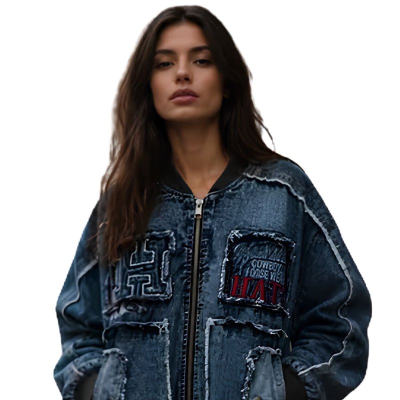 画像2: Bugs Bunny Remake Denim Zip Up Jacket baseball uniform jacket blouson ユニセックス 男女兼用 バックスバニー リメイク デニム & スウェット ジップアップジャケット スタジアムジャンパー スタジャン ブルゾン (2)
