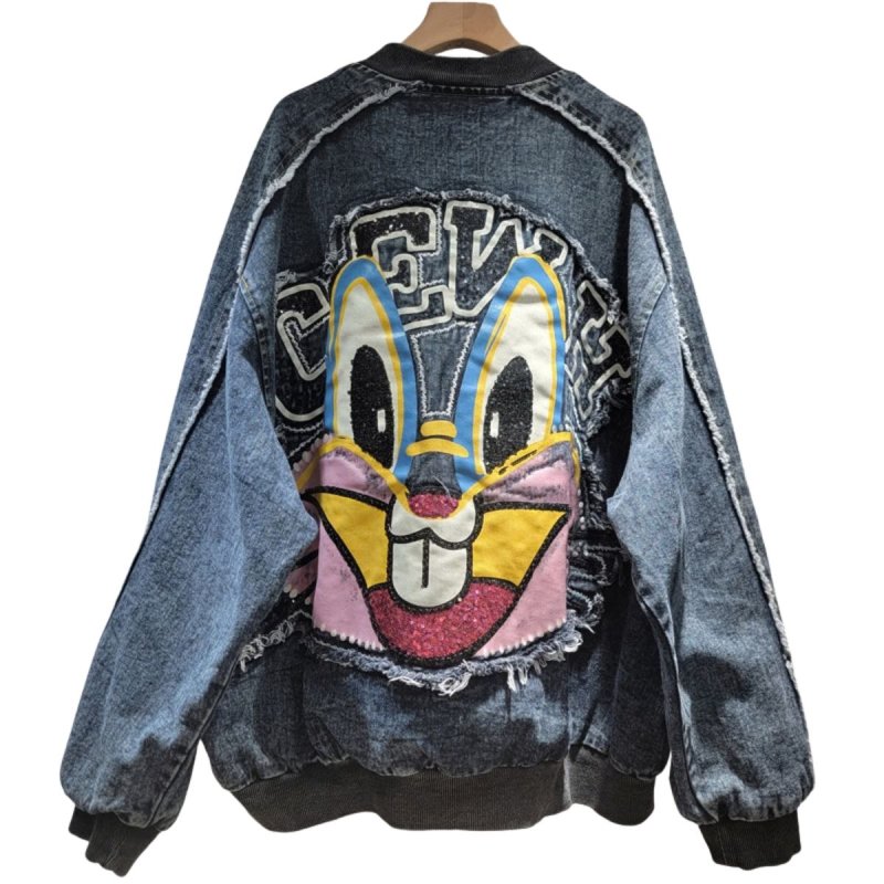 画像4: Bugs Bunny Remake Denim Zip Up Jacket baseball uniform jacket blouson ユニセックス 男女兼用 バックスバニー リメイク デニム & スウェット ジップアップジャケット スタジアムジャンパー スタジャン ブルゾン (4)