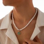 画像2: Pearl & Turquoise Medal Necklace　ユニセックス 男女兼用  パール＆ターコイズメダルネックレスチョーカー (2)