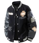 画像2: Marc Fairwhale Floral Embroidery Baseball Jacket ユニセックス男女兼用マーク・フェアホエールフラワー刺繍スリーブレザースタジャンスタジアムジャケット (2)