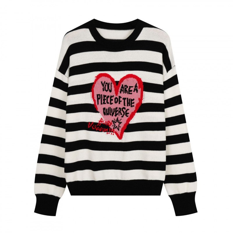 画像1: Lettering Heart Striped Sweater knit  ユニセックス 男女兼用 レターリングハート ボーダーセーターニット (1)