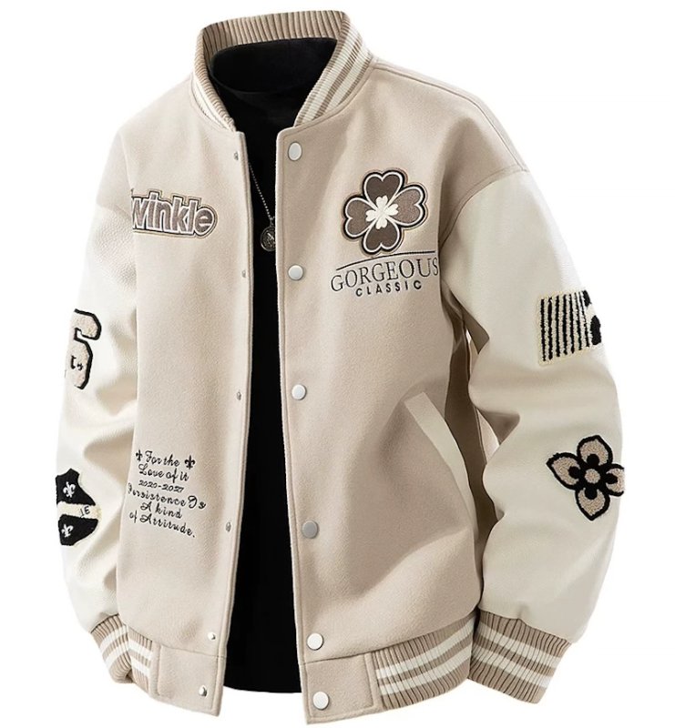 画像1: Marc Fairwhale Floral Embroidery Baseball Jacket ユニセックス男女兼用マーク・フェアホエールフラワー刺繍スリーブレザースタジャンスタジアムジャケット (1)