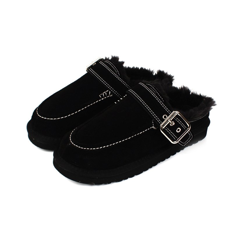 画像5: Buckled Sheepskin Fur Slip-On Sandals Shoes  モコモコファーバックル付きシープスキンスリボン モカシンパンプスサンダルシューズ (5)