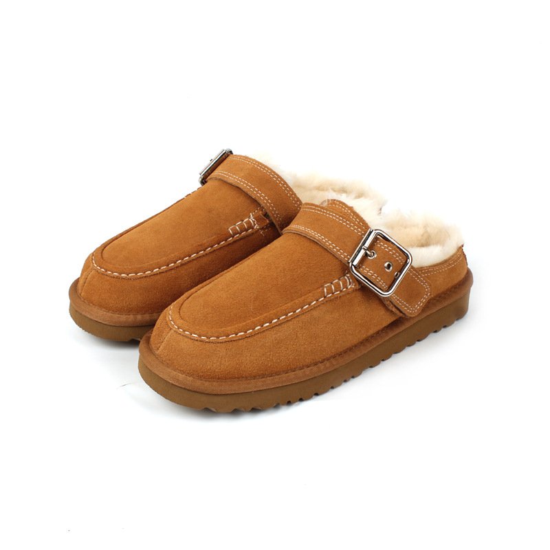 画像1: Buckled Sheepskin Fur Slip-On Sandals Shoes  モコモコファーバックル付きシープスキンスリボン モカシンパンプスサンダルシューズ (1)