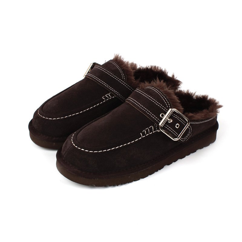 画像3: Buckled Sheepskin Fur Slip-On Sandals Shoes  モコモコファーバックル付きシープスキンスリボン モカシンパンプスサンダルシューズ (3)