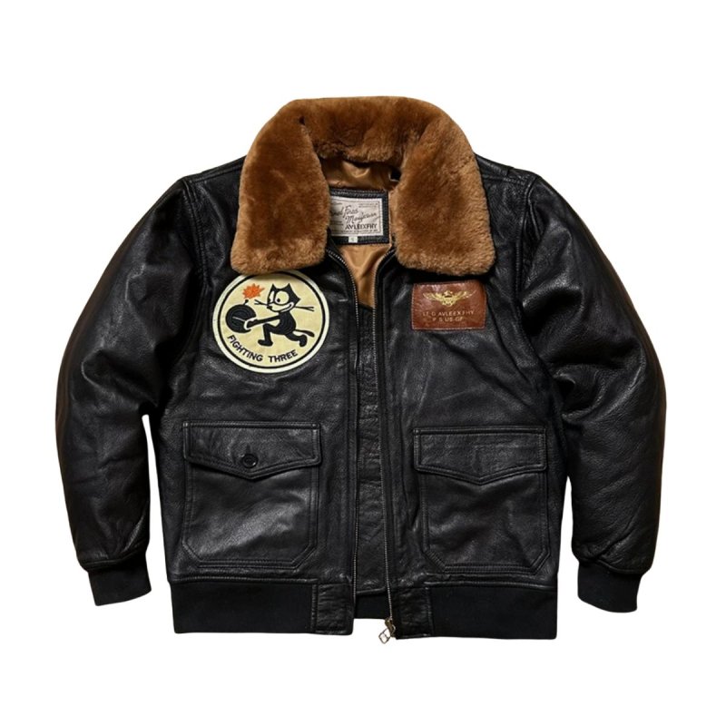 画像2: Felix the Cat Real Leather MA1 flight jacket Varsity Baseball Jacket ユニセックス男女兼用 フィリックス・ザ・キャット 本革 レザー ファー付 フライトジャケット スタジャンベースボールジャケット (2)