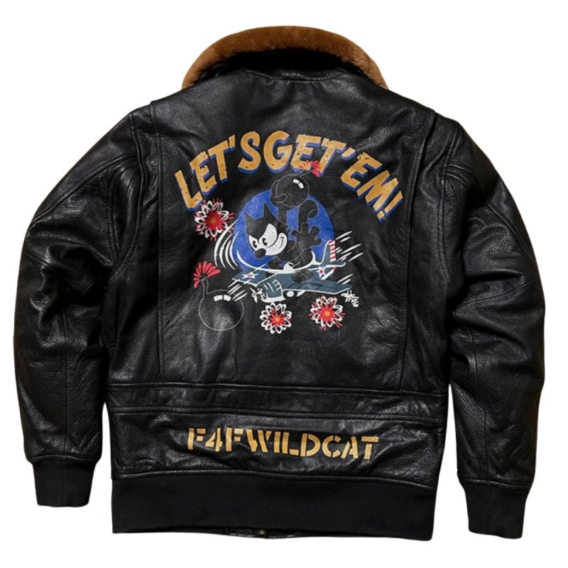画像1: Felix the Cat Real Leather MA1 flight jacket Varsity Baseball Jacket ユニセックス男女兼用 フィリックス・ザ・キャット 本革 レザー ファー付 フライトジャケット スタジャンベースボールジャケット (1)