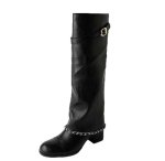 画像1: French retro thick heel leather long boots with chain　フレンチレトロシック ヒールチェーン付きレザーロングブーツ (1)