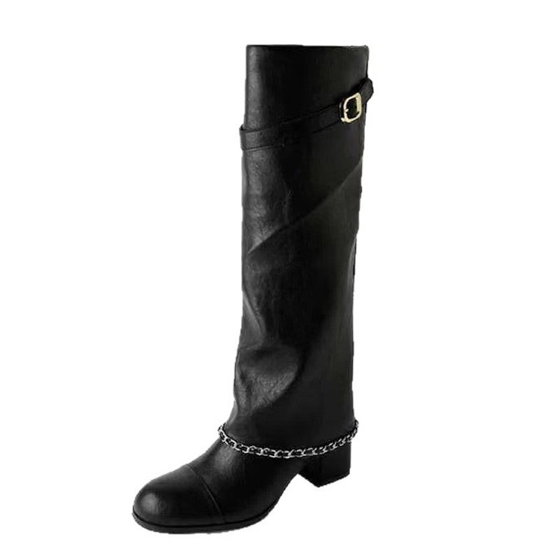 画像1: French retro thick heel leather long boots with chain　フレンチレトロシック ヒールチェーン付きレザーロングブーツ (1)