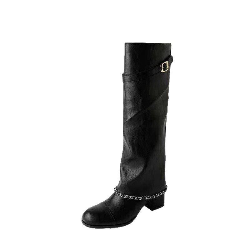画像4: French retro thick heel leather long boots with chain　フレンチレトロシック ヒールチェーン付きレザーロングブーツ (4)