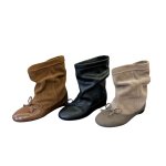 画像4: Round-toe flat leather slouch boots with a ribbon detail　ラウンドトゥリボン付きフラットレザールーズブーツ (4)