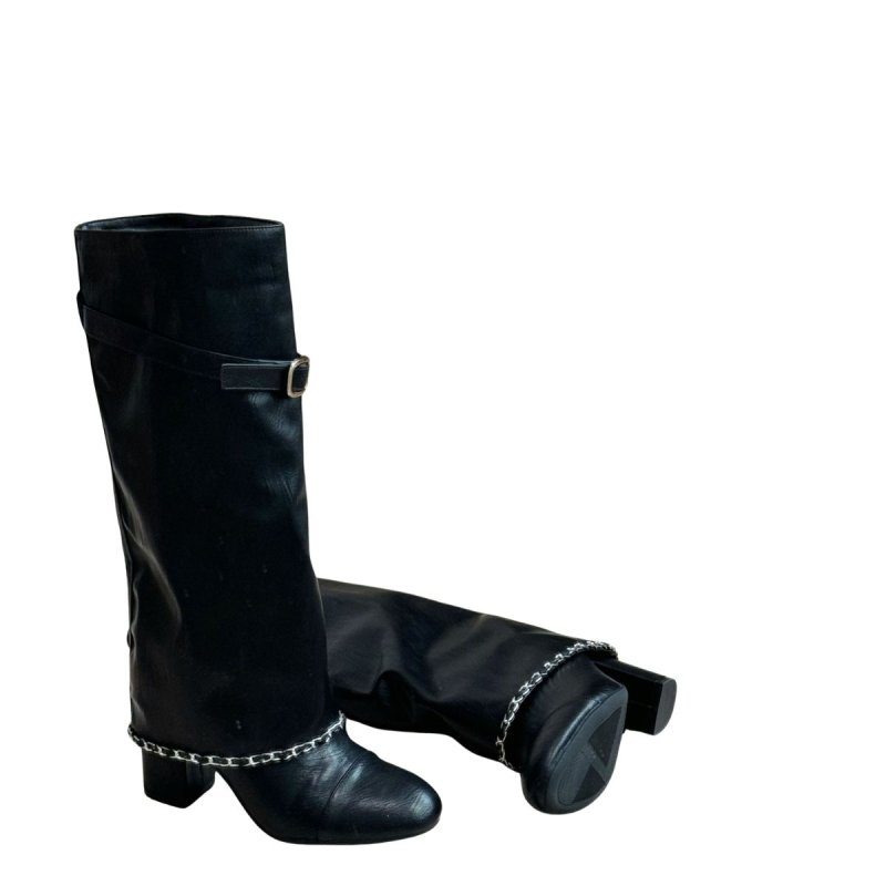 画像5: French retro thick heel leather long boots with chain　フレンチレトロシック ヒールチェーン付きレザーロングブーツ (5)