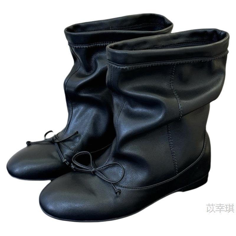 画像2: Round-toe flat leather slouch boots with a ribbon detail　ラウンドトゥリボン付きフラットレザールーズブーツ (2)