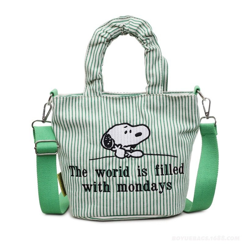 画像3: Snoopy-Embroidered Striped Canvas Tote & Shoulder Bag Eco-Bag　スヌーピー刺繍＆ストライプキャンバス トートショルダーバッグエコバッグママバック (3)