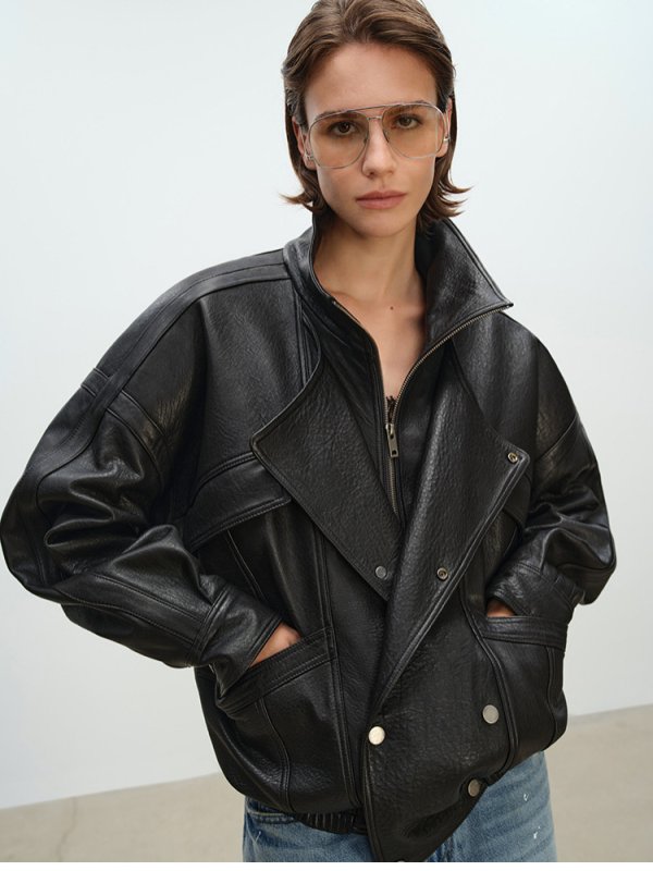画像2: Sheep Leather Bomber Jacket Real Leather Riders Jacket リアル シープレザー ジップアップ ボンバー ジャケットライダース コート (2)