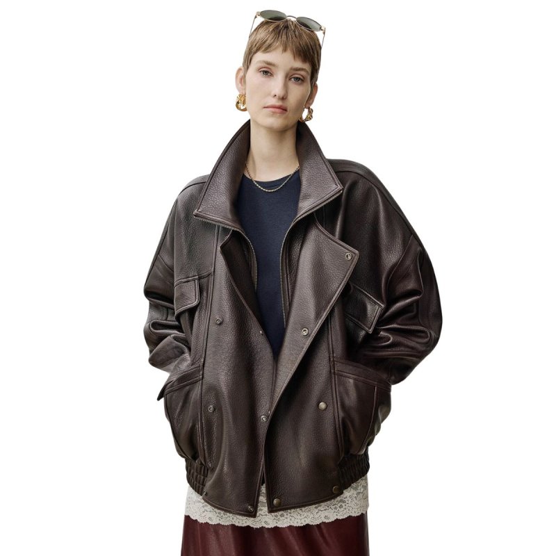 画像1: Sheep Leather Bomber Jacket Real Leather Riders Jacket リアル シープレザー ジップアップ ボンバー ジャケットライダース コート (1)
