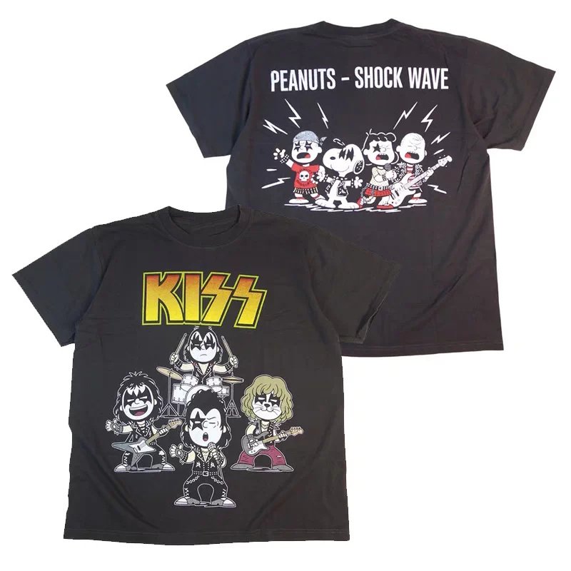 画像1: Unisex Snoopy Band x KISS Band Short Sleeve T-Shirt ユニセックス 男女兼用 スヌーピーバンド×KISS半袖Tシャツ  (1)