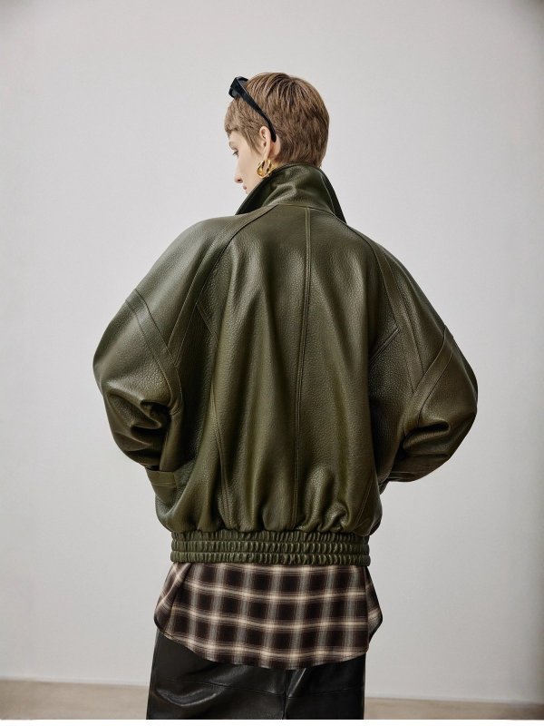 画像5: Sheep Leather Bomber Jacket Real Leather Riders Jacket リアル シープレザー ジップアップ ボンバー ジャケットライダース コート (5)