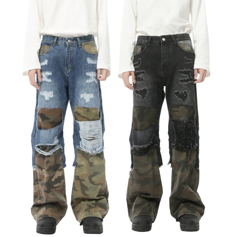 画像1: Unisex Patchwork Camouflage denim skater jeans denim casual pants  ユニセックス男女兼用 パッチワーク 迷彩 デニムスケータージーンズデニムパンツ (1)
