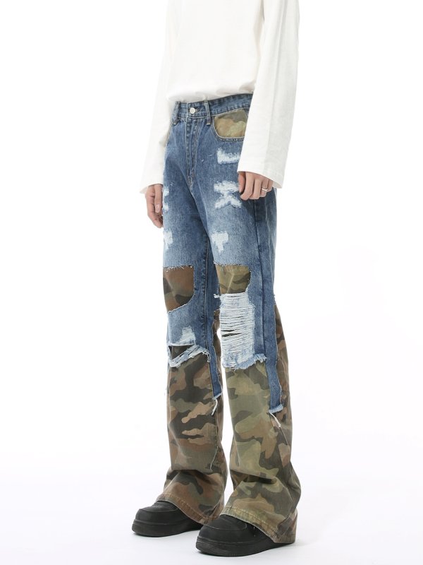 画像2: Unisex Patchwork Camouflage denim skater jeans denim casual pants  ユニセックス男女兼用 パッチワーク 迷彩 デニムスケータージーンズデニムパンツ (2)