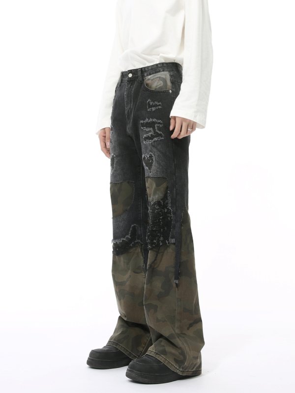 画像3: Unisex Patchwork Camouflage denim skater jeans denim casual pants  ユニセックス男女兼用 パッチワーク 迷彩 デニムスケータージーンズデニムパンツ (3)