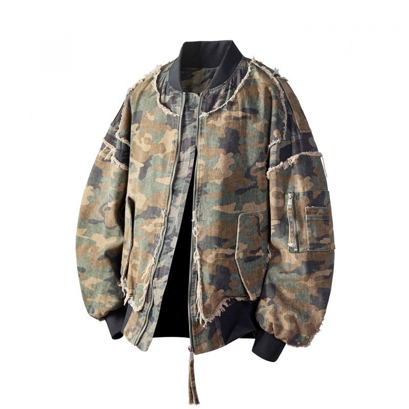 画像3: Retro Varsity Jacket with Camo Paneling and Fringe Jacket　ユニセックス男女兼用レトロ 迷彩切り替えフリンジスタジャンジャケットスタジアムジャケット (3)