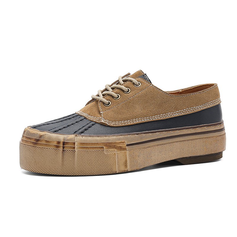 画像1: Unisex British-style lace-up leather sneakers with mixed-material panelingユニセックス 男女兼用異素材切り替え厚底レザーブリティッシュレースアップスニーカー (1)