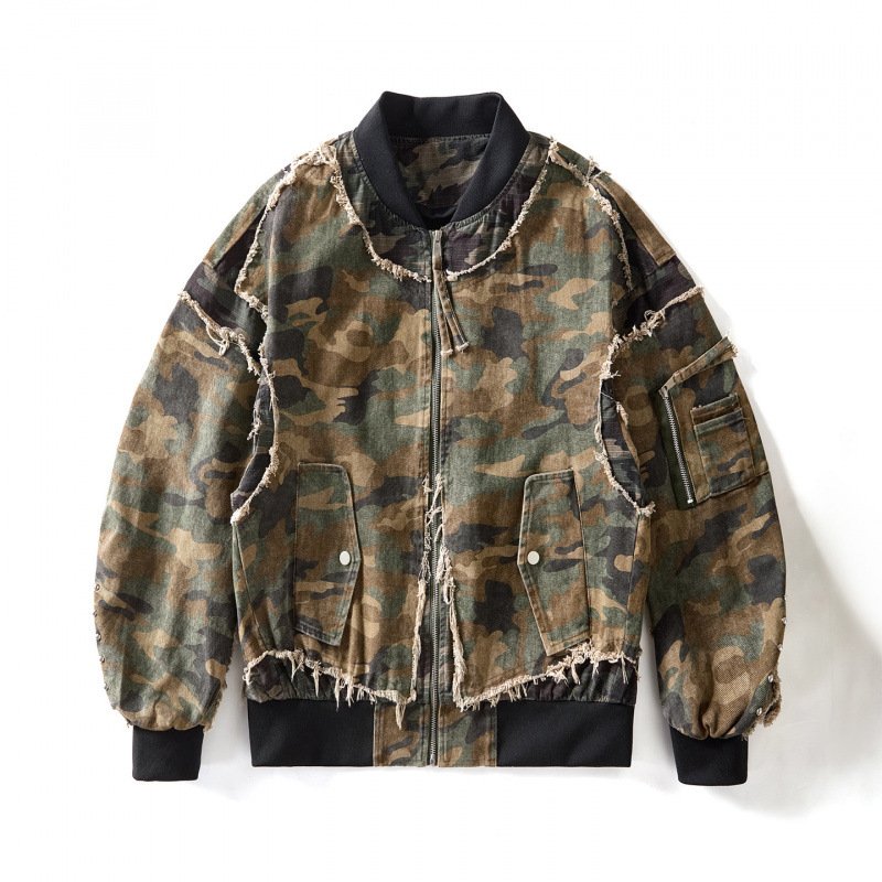 画像1: Retro Varsity Jacket with Camo Paneling and Fringe Jacket　ユニセックス男女兼用レトロ 迷彩切り替えフリンジスタジャンジャケットスタジアムジャケット (1)