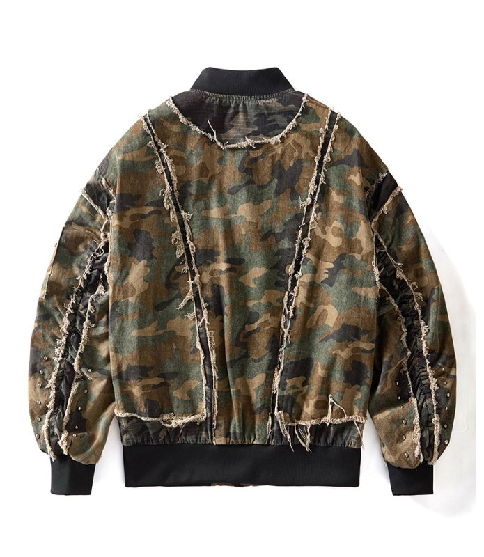 画像2: Retro Varsity Jacket with Camo Paneling and Fringe Jacket　ユニセックス男女兼用レトロ 迷彩切り替えフリンジスタジャンジャケットスタジアムジャケット (2)