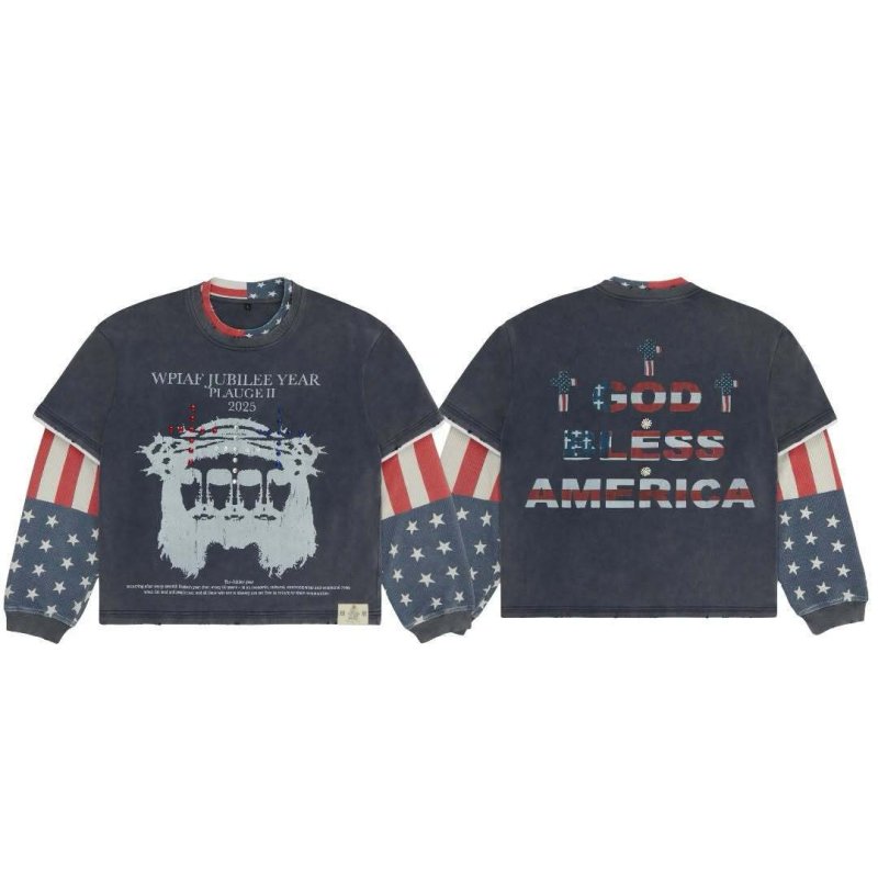 画像1: Unisex American Street-Style Faux-Layered Long-Sleeve T-Shirt　男女兼用 アメリカンストリート系フェイクレイヤード長袖Tシャツ (1)