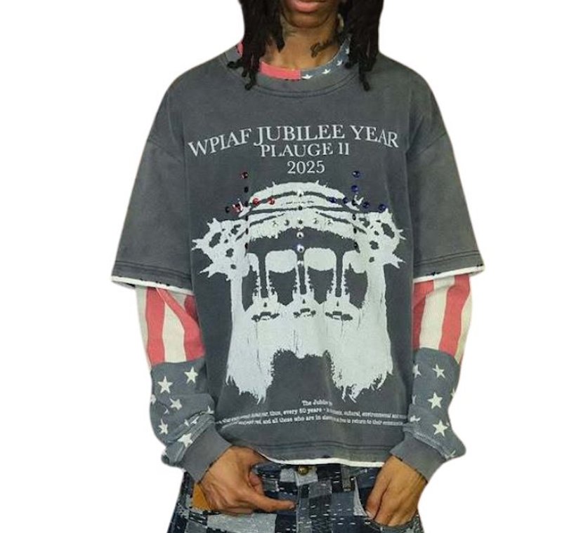画像2: Unisex American Street-Style Faux-Layered Long-Sleeve T-Shirt　男女兼用 アメリカンストリート系フェイクレイヤード長袖Tシャツ (2)