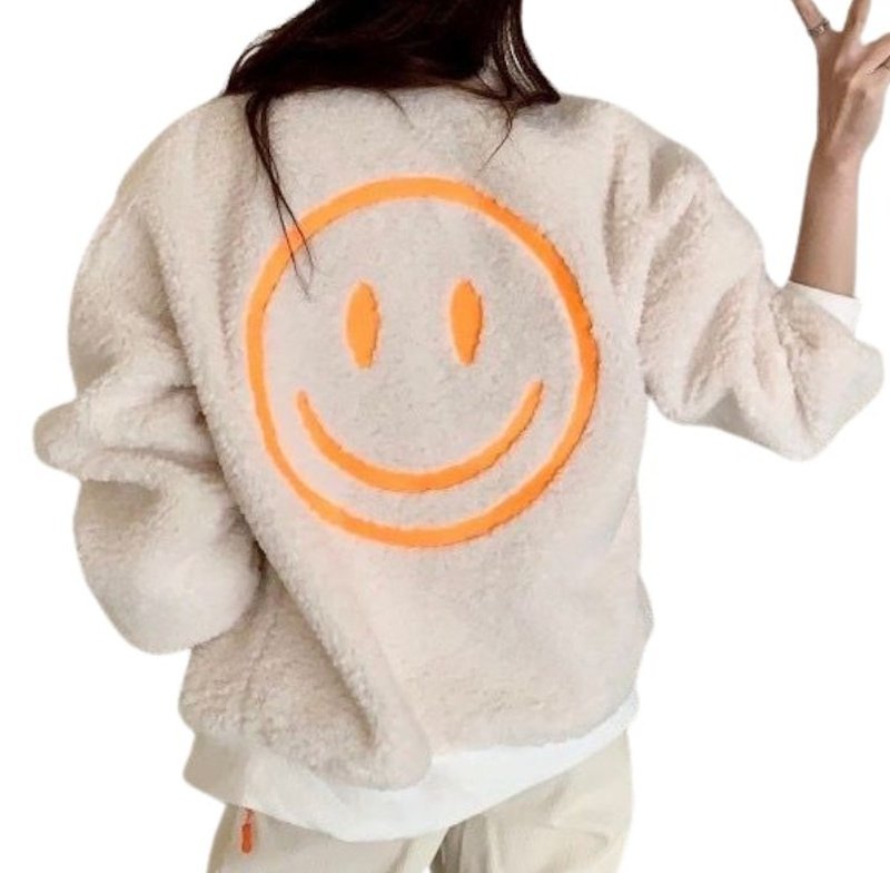 画像4: Fluffy Faux-Sherpa Smiley Face Zip-Up Jacket ボアモコモコスマイル ジップアップジャケット (4)