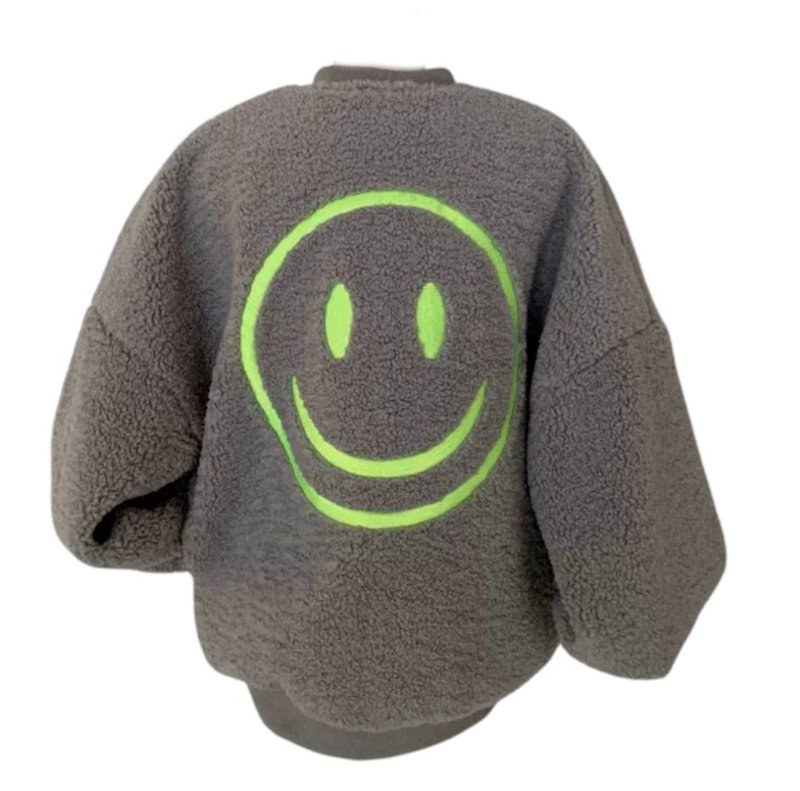 画像1: Fluffy Faux-Sherpa Smiley Face Zip-Up Jacket ボアモコモコスマイル ジップアップジャケット (1)