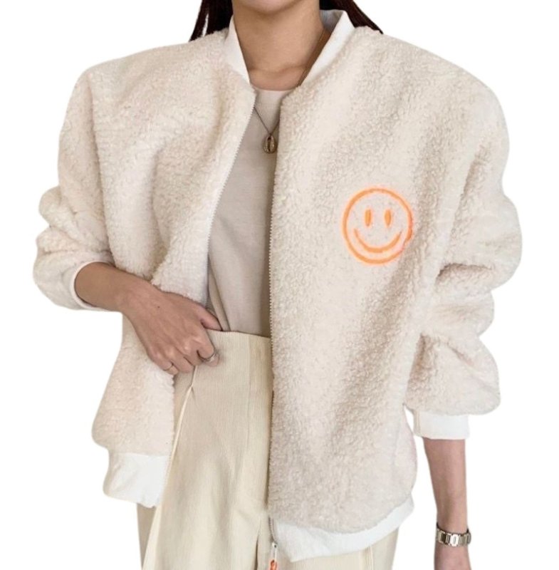 画像2: Fluffy Faux-Sherpa Smiley Face Zip-Up Jacket ボアモコモコスマイル ジップアップジャケット (2)