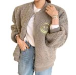 画像5: Fluffy Faux-Sherpa Smiley Face Zip-Up Jacket ボアモコモコスマイル ジップアップジャケット (5)
