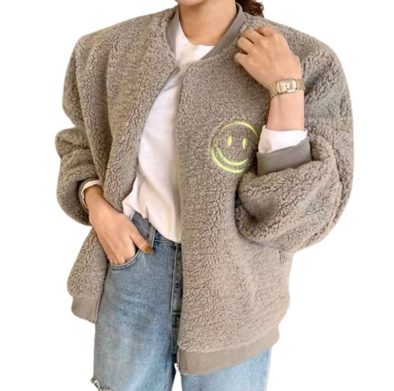 画像5: Fluffy Faux-Sherpa Smiley Face Zip-Up Jacket ボアモコモコスマイル ジップアップジャケット (5)