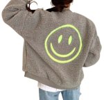 画像6: Fluffy Faux-Sherpa Smiley Face Zip-Up Jacket ボアモコモコスマイル ジップアップジャケット (6)